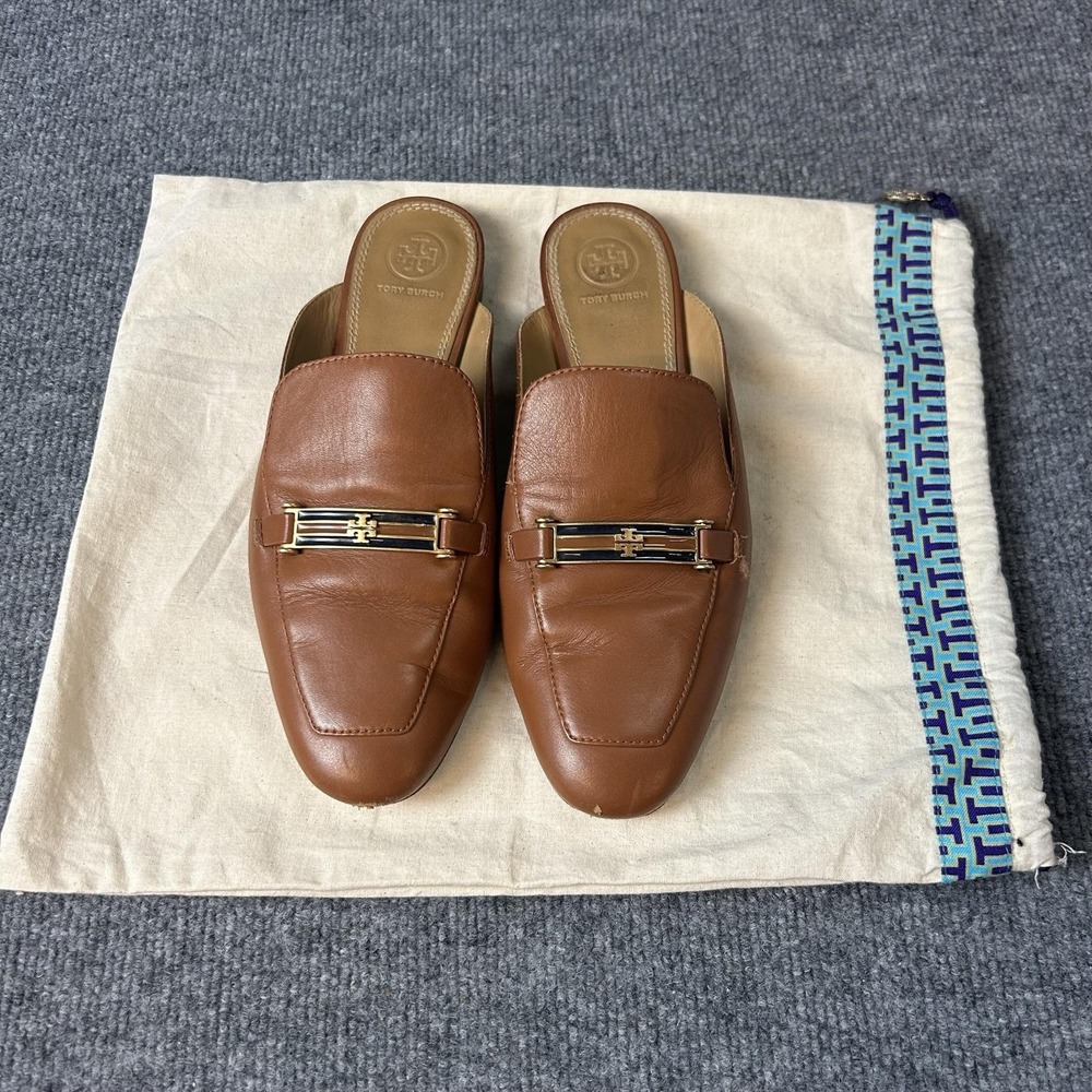Tory Burch Loafer Shoes Womens Size 8.5 Brown Leather Mule Slip On Bit Logo